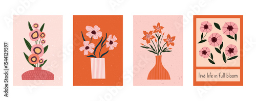 Hand drawn floral posters with stylized flowers in vases and motivational quote. Minimal botanical illustrations in warm tones. Great for wall art, greeting cards, or home decor.