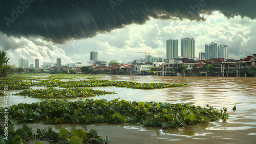 Stormy Weather Over City River with Floating Vegetation and Urban Skyline photo