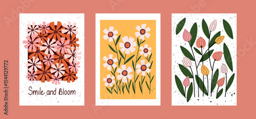 Hand drawn floral posters with blooming flowers, inspirational quote, and textured background. Whimsical botanical compositions in a playful modern style. Perfect for wall decor, nursery prints