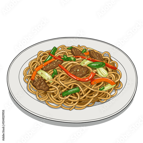 Flat Illustration of yakisoba noodles with vegetables and meat