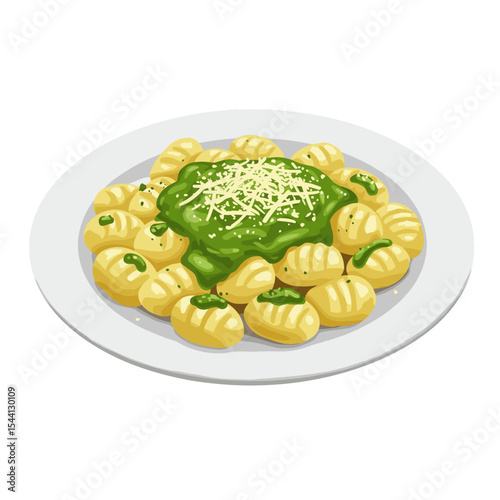Illustration of a plate of gnocchi with creamy pesto sauce and grated parmesan