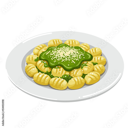 Illustration of a plate of gnocchi with creamy pesto sauce and grated parmesan