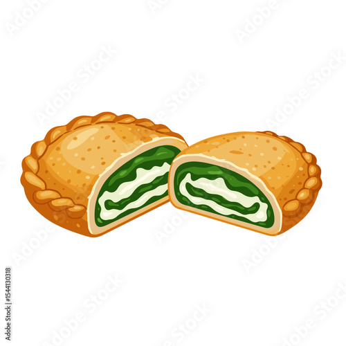 Illustration of a spinach and cheese empanada cut in half