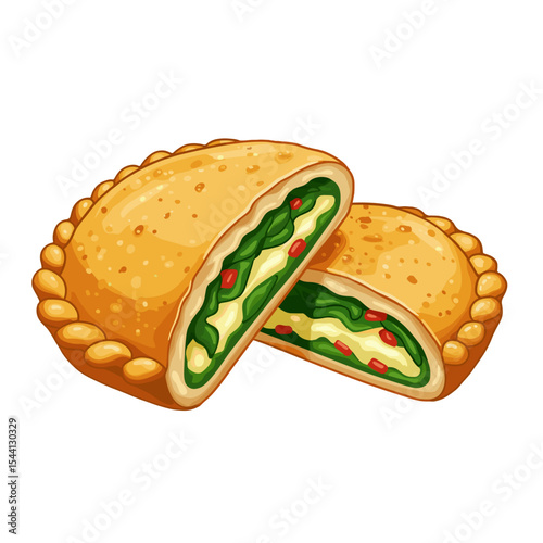 Illustration of a spinach and cheese empanada cut in half