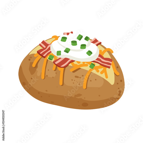 Illustration of a loaded baked potato topped with sour cream, cheddar cheese, bacon bits, and green onions