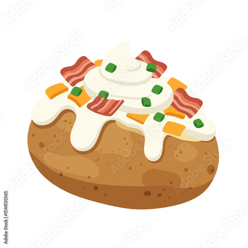 Illustration of a loaded baked potato topped with sour cream, cheddar cheese, bacon bits, and green onions