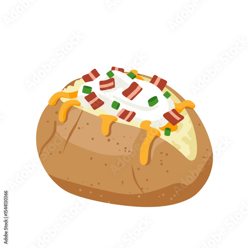 Illustration of a loaded baked potato topped with sour cream, cheddar cheese, bacon bits, and green onions