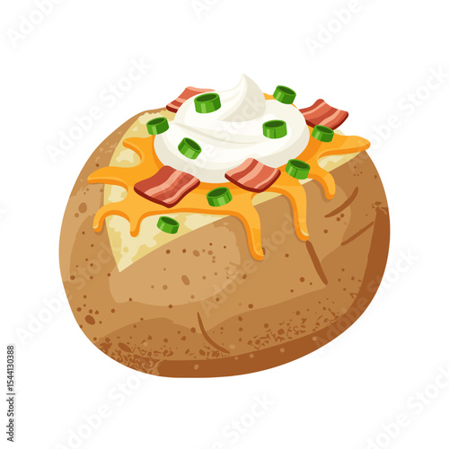 Illustration of a loaded baked potato topped with sour cream, cheddar cheese, bacon bits, and green onions
