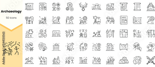A collection of line icons representing various elements of archaeology, including artifacts, excavation tools, and ancient symbols, perfect for educational use.