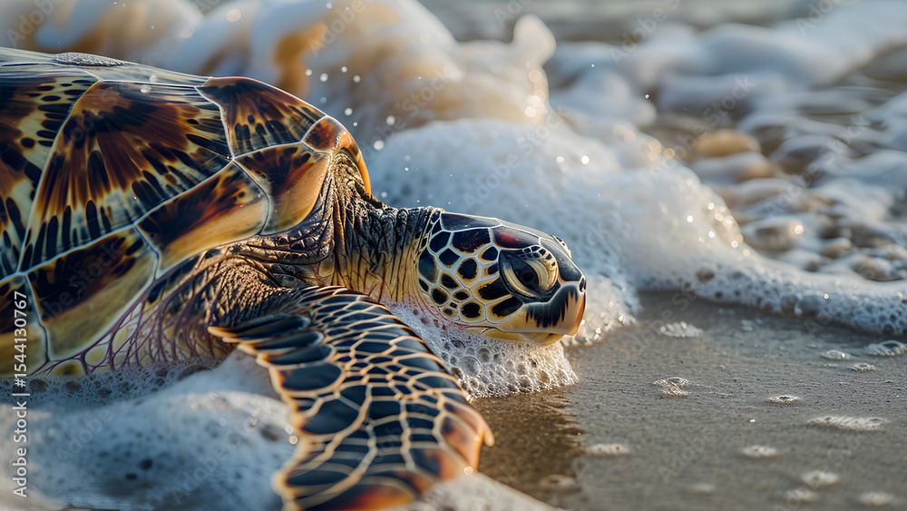 Obraz premium Sea Turtle on Sandy Beach with Ocean Foam
