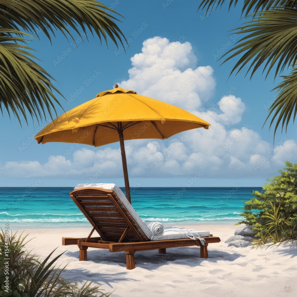 Obraz premium Beach scene with lounge chair and umbrella, vacation and travel advertising, summer promotions, tourism marketing