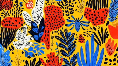 Vibrant, abstract botanical pattern with bold colors and shapes