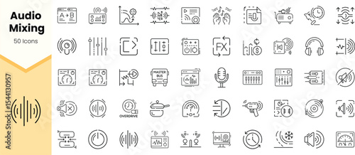 A collection of audio mixing vector icons, showcasing various tools and elements related to sound editing and production, presented in a sleek monochrome style.