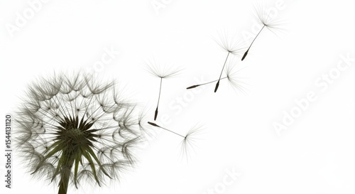 A Dandelion Clock Seedhead Dispersing its Seeds on a White Background, Nature's Ephemeral Beauty