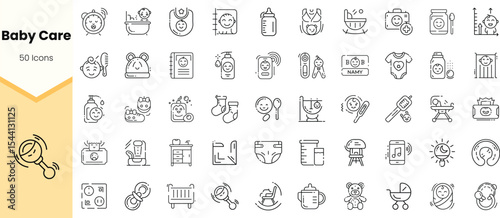 A collection of baby care icons, featuring essential items for infants, including bottles, toys, and hygiene products, all in a minimalist line art style.