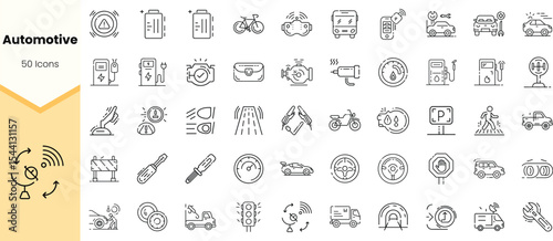 A diverse collection of automotive icons featuring various vehicles, tools, and essential elements, perfect for automotive-related designs and projects.