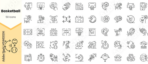 A collection of basketball-themed icons, featuring various aspects of the game including courts, players, and equipment, in a sleek and modern line art style.