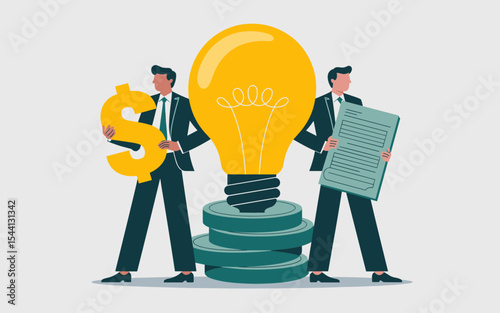 Creative business concept illustration with two businessmen holding dollar sign and document beside a light bulb and money stack symbolizing innovation and investment
