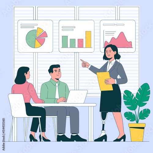 Inclusive business meeting illustration featuring a woman with a prosthetic leg presenting data to colleagues in a modern office setting
