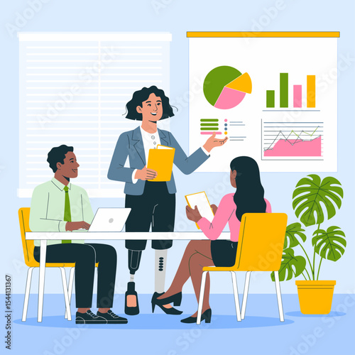 Inclusive business meeting illustration featuring a woman with a prosthetic leg presenting data to colleagues in a modern office setting
