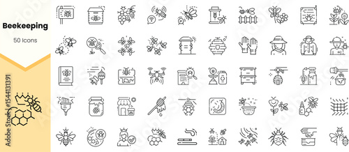 A collection of minimalistic line icons representing various aspects of beekeeping, including bees, hives, and tools, ideal for agricultural or ecological themes.