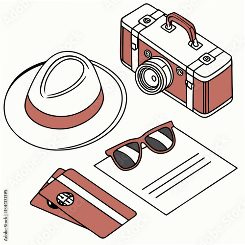 Travel essentials flat lay illustration isolated on white background