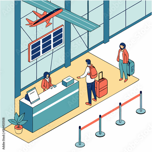 Airport check in counter passengers luggage travel flight boarding