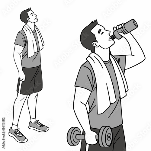 Man exercising drinking water after workout dumbbells fitness