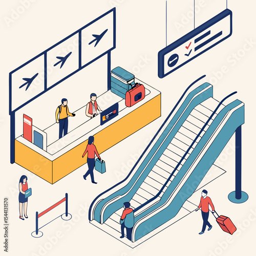 Airport travel isometric illustration passengers check in luggage escalator