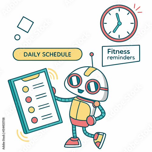 Cute robot holding daily fitness schedule reminders clock