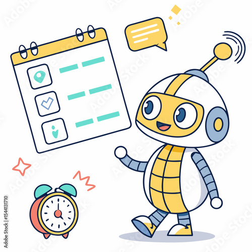 Friendly robot shows schedule checklist time management