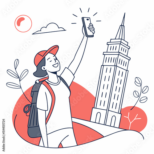 Happy tourist taking selfie with tall city building