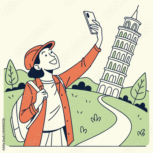 Happy tourist taking selfie with leaning tower of pisa