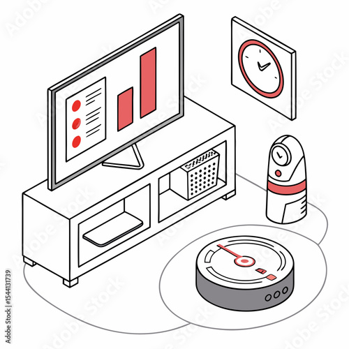 Smart home technology isometric illustration robot vacuum cleaner tv