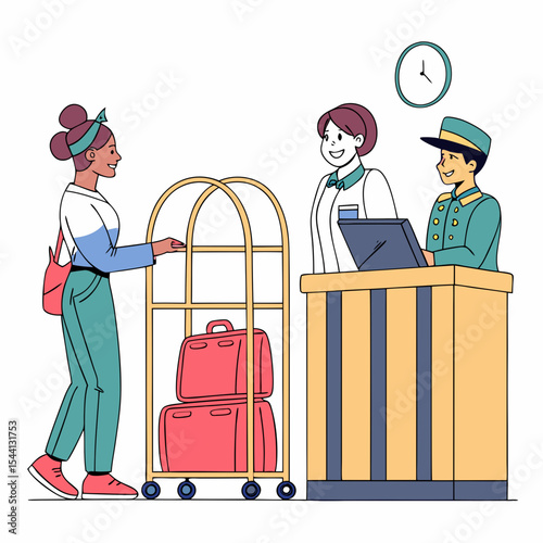 Woman checking into hotel with luggage bellhop assistance