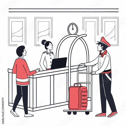 Hotel reception desk guest check in luggage porter service