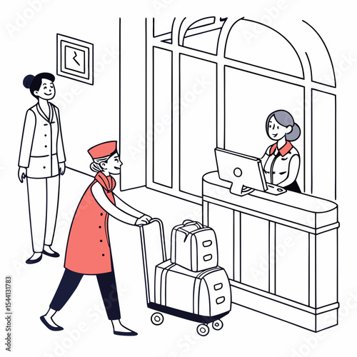 Hotel reception desk bellhop assisting guest with luggage