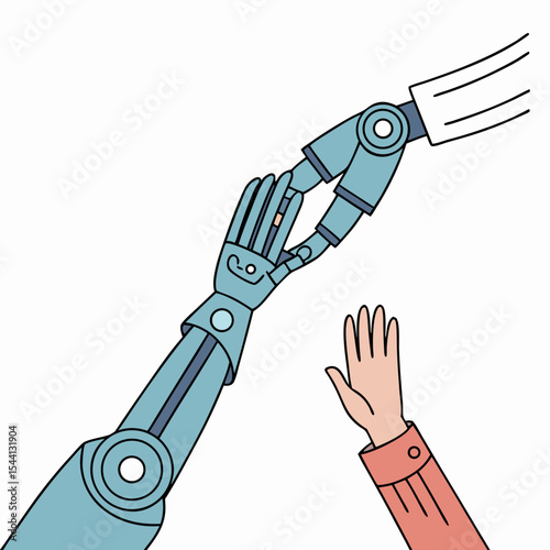 Robotic hand and human hand reaching for each other collaboration technology future