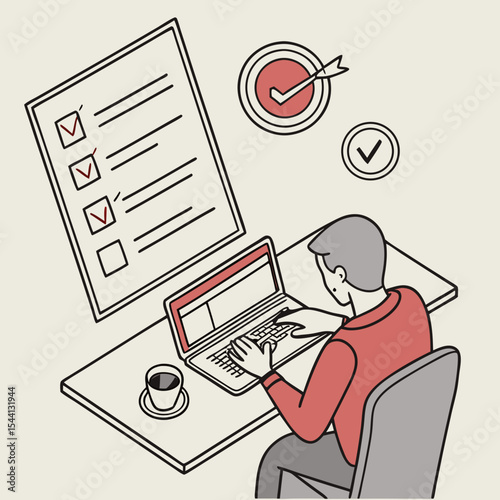 Man working on laptop completing checklist tasks goal achievement