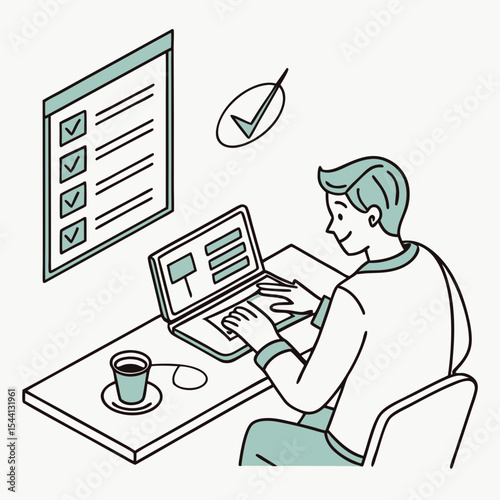 Man working on laptop completing tasks checklist