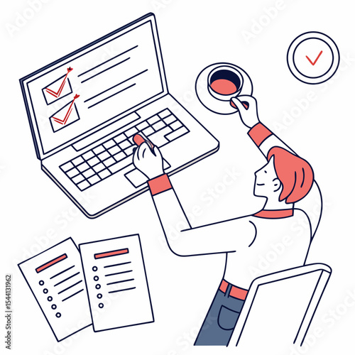 Woman working on laptop completing tasks checklist coffee break