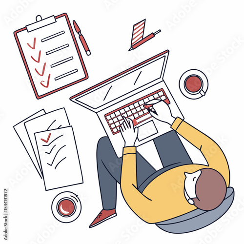 Person working on laptop completing checklist tasks from above