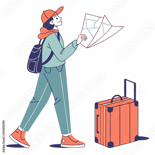 Young traveler with backpack studying city map and luggage