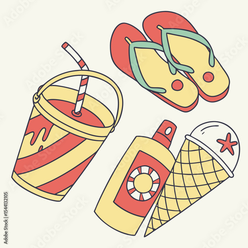 Summer vacation essentials flip flops ice cream sunscreen drink