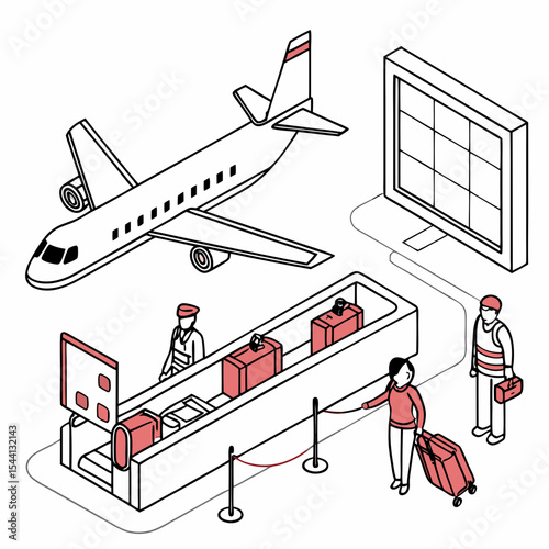 Airport baggage check-in process isometric illustration