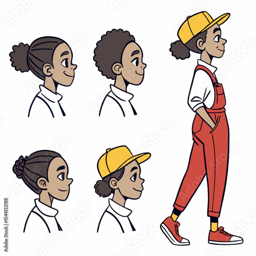 Diverse girl character poses profile views isolated cutout png