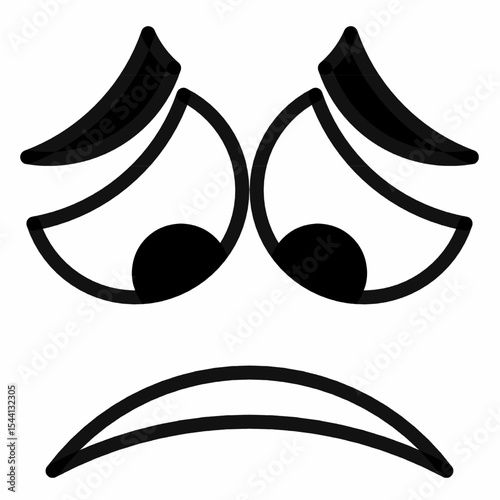 Anxious face emoticon with wide eyes, arched eyebrows, and frowning mouth. Black and white vector icon for worry, fear, reaction, or mental health themes.face icon isolated white background.
