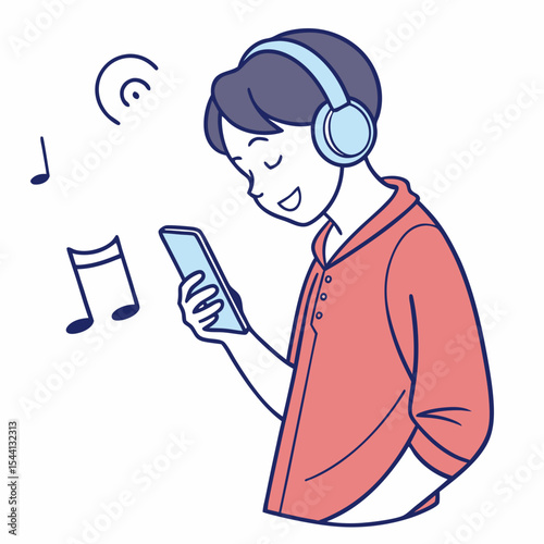 Happy person listening to music on smartphone with headphones