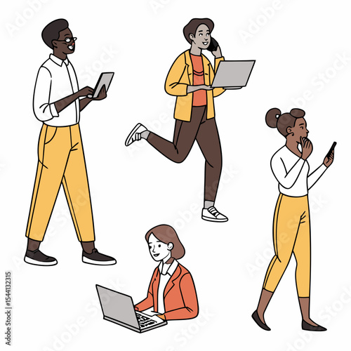 Diverse professionals working on laptops tablets and smartphones on white background