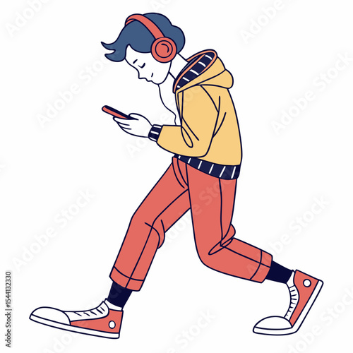 Young person walking listening music smartphone headphones